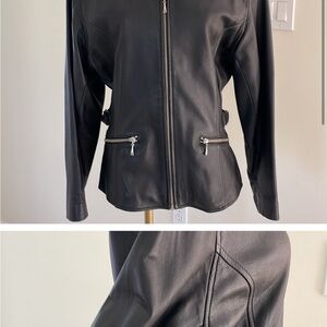 Jones New York Black Leather Jacket with Classic Collar and Fitted Silhouette